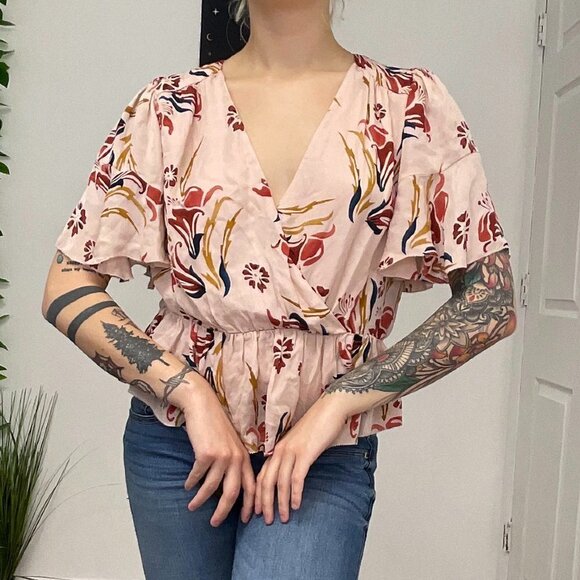 Joie Bisma Floral Surplice Peplum Silk Blouse Short Sleeve Size XS Pink - Picture 1 of 6